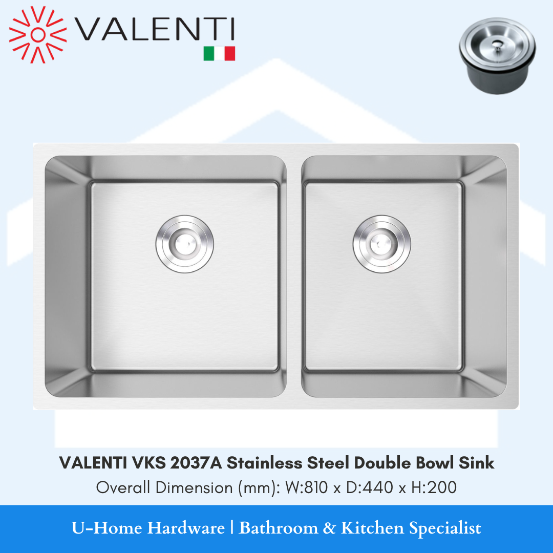 VALENTI VKS 2037A Stainless Steel Double Bowl Kitchen Sink, showing two bowl sinks with a satin finish, silver in color, undermount design.