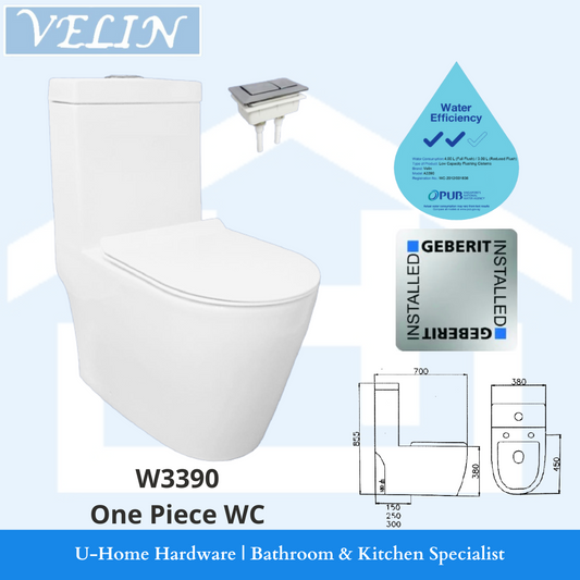 A white, one-piece VELIN toilet bowl with a GEBERIT flushing system, including installation details and a water efficiency label.