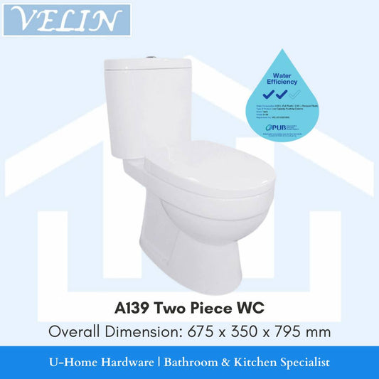 A white ceramic two-piece toilet with its tank, displayed against a white background with a logo and product information text. VELIN A139 Two Piece Toilet Bowl (Available in S-Trap 150 & 250mm) 2 tick water efficiency label
