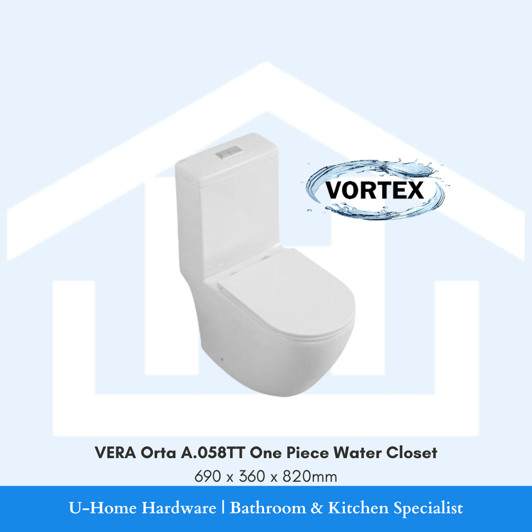 Front view of white VERA Orta A058TT one piece water closet with soft close lid