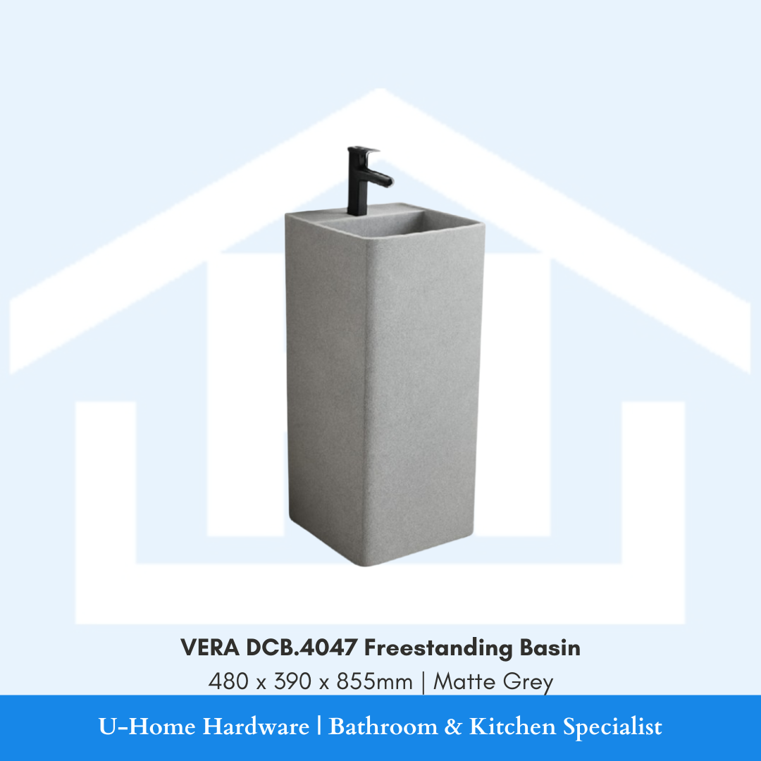 Front angle view of the rectangular VERA DCB.4047 floor-standing freestanding pedestal washbasin in Matte Grey finish measuring 480x390x855mm with top taphole.