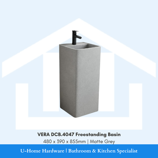 Front angle view of the rectangular VERA DCB.4047 floor-standing freestanding pedestal washbasin in Matte Grey finish measuring 480x390x855mm with top taphole.