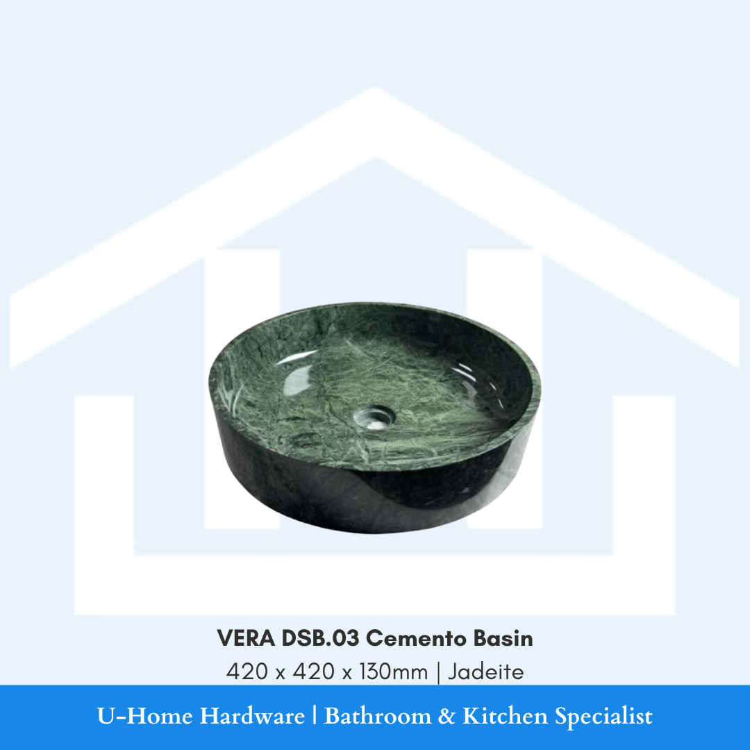 Top angled view of the round VERA DSB.03 Cemento above-counter vessel basin measuring 420x420x130mm featuring a deep Jadeite green marble stone finish pattern.