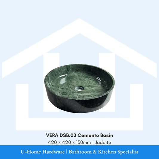 Top angled view of the round VERA DSB.03 Cemento above-counter vessel basin measuring 420x420x130mm featuring a deep Jadeite green marble stone finish pattern.