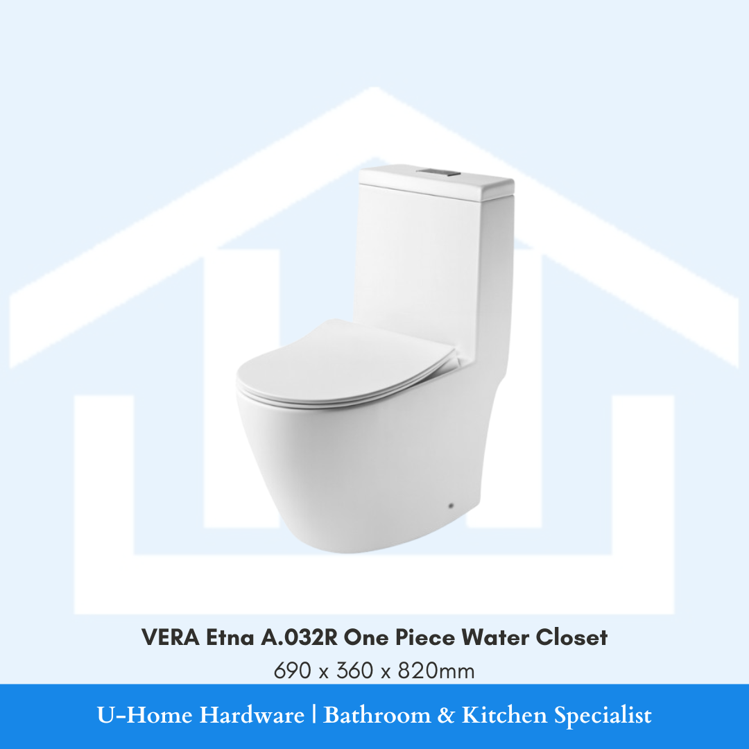 Front angle view of the white VERA Etna A.032R one-piece water closet measuring 690x360x820mm, featuring a fully skirted seamless profile and rimless flushing system.