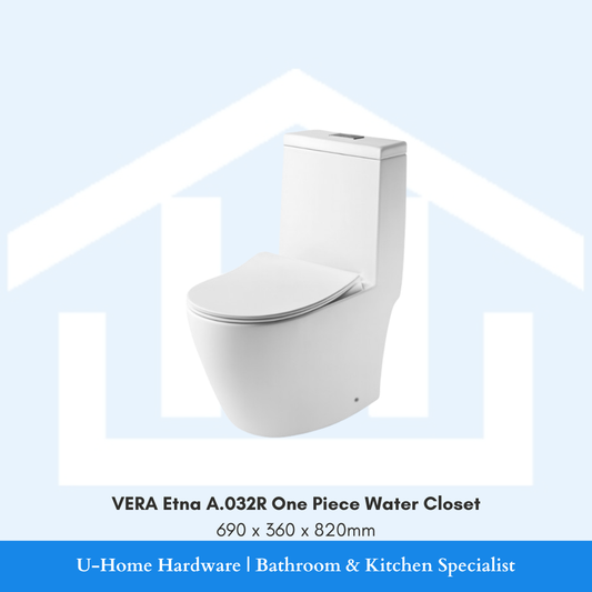 Front angle view of the white VERA Etna A.032R one-piece water closet measuring 690x360x820mm, featuring a fully skirted seamless profile and rimless flushing system.