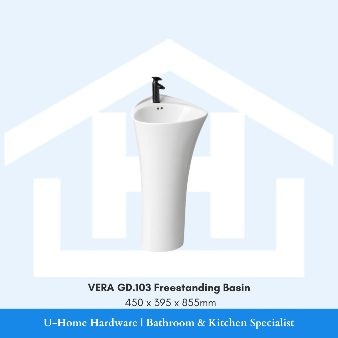 Front angle view of the white VERA GD.103 tapered floor-standing ceramic freestanding pedestal washbasin measuring 450x395x855mm with integrated taphole.