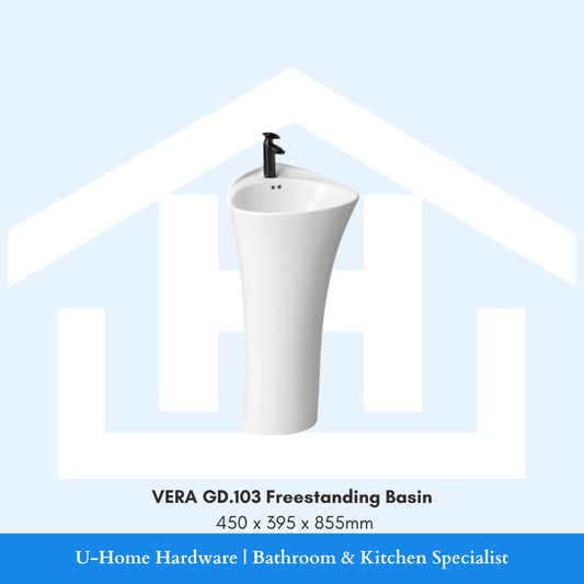 Front angle view of the white VERA GD.103 tapered floor-standing ceramic freestanding pedestal washbasin measuring 450x395x855mm with integrated taphole.