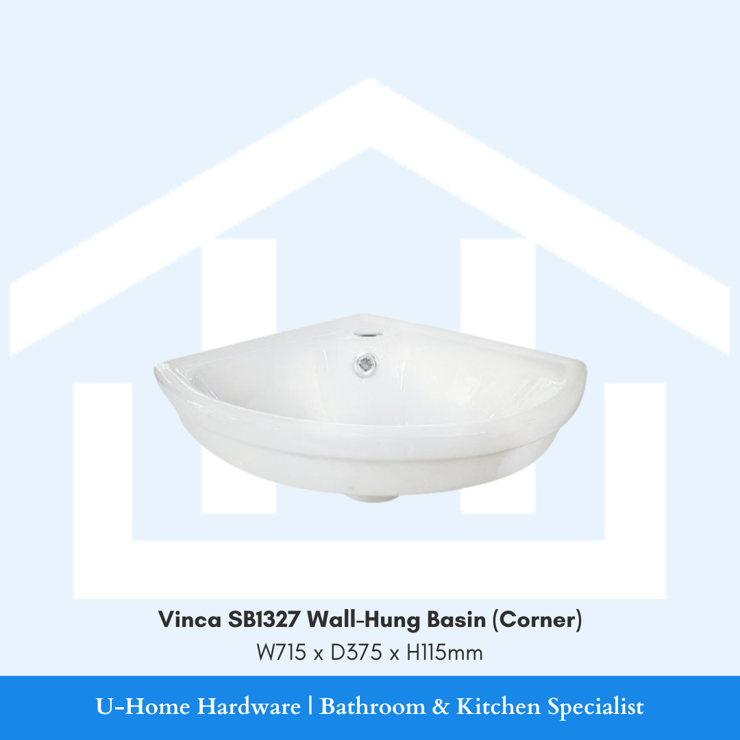 Front perspective of the Vinca SB1327 wall-mounted basin, showing the expansive washing area and the integrated overflow hole, designed to fit perfectly into a 90-degree corner.