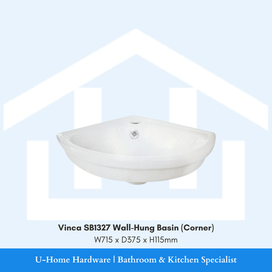 Front perspective of the Vinca SB1327 wall-mounted basin, showing the expansive washing area and the integrated overflow hole, designed to fit perfectly into a 90-degree corner.