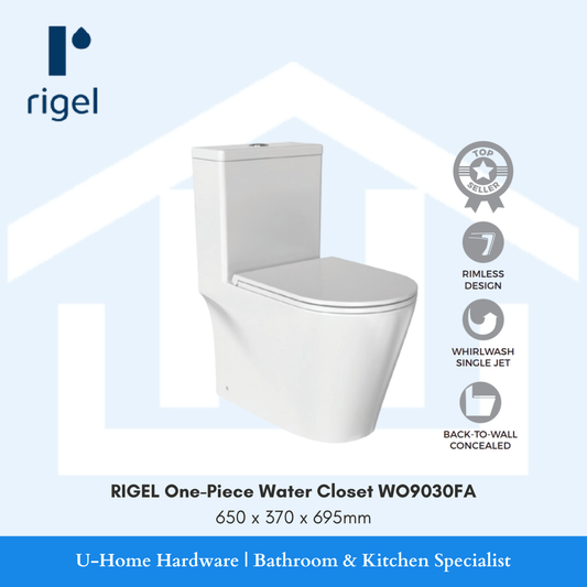 Side-angle view of the W3-R-WO9030FA one-piece toilet, highlighting the smooth, continuous lines of the ceramic body and the dual-flush top buttons
