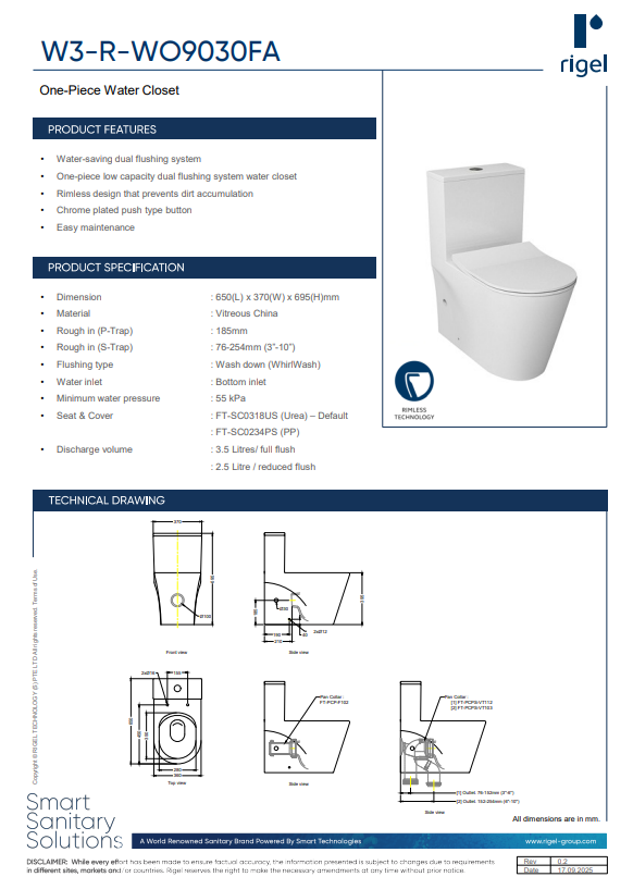 W3-R-WO9030FA
One-Piece Water Closet
 product specifications, product descriptions and technical drawing