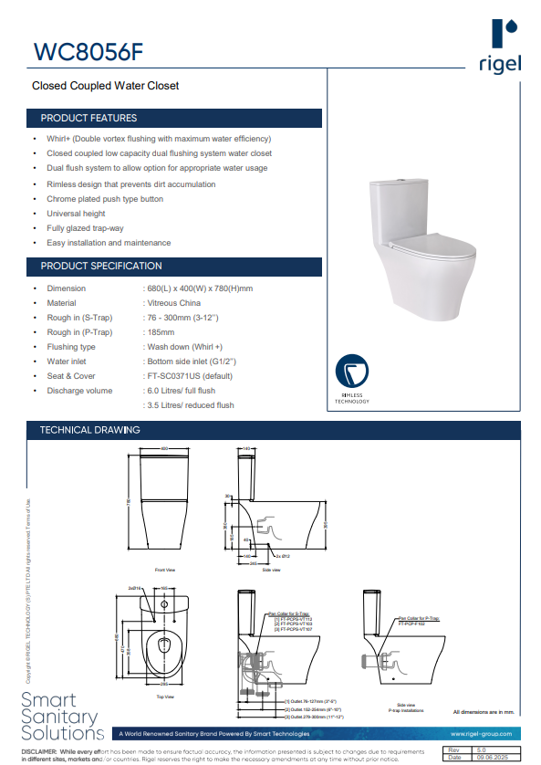 WC8056F two piece toilet bowl, water closet, technical drawing and product cutsheet
