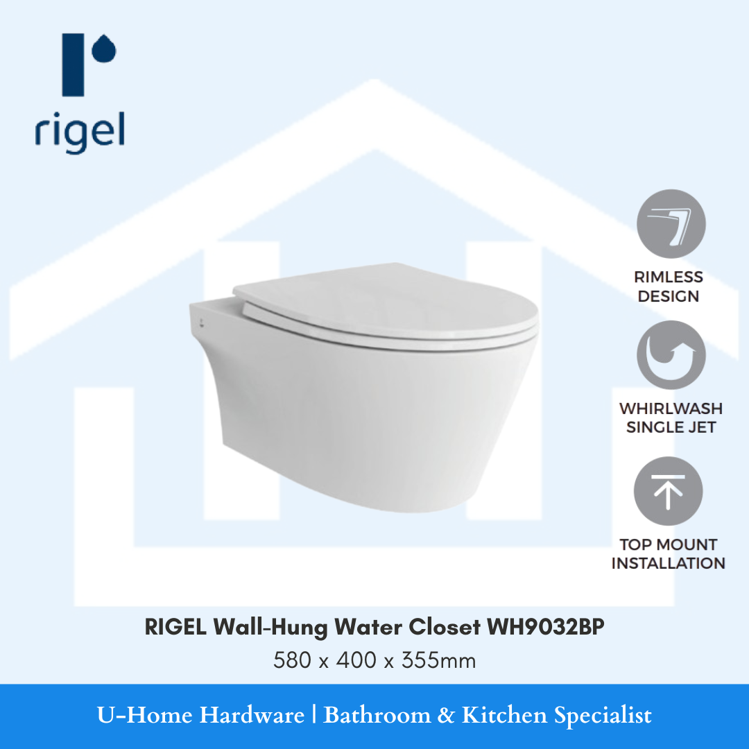 Side-angle view of the RIGEL WH9032BP wall-hung WC, highlighting the smooth PuraGlaze finish and the minimalist profile of the vitreous china body.