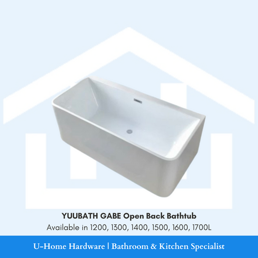 White open back bathtub with dimensions on a light blue background