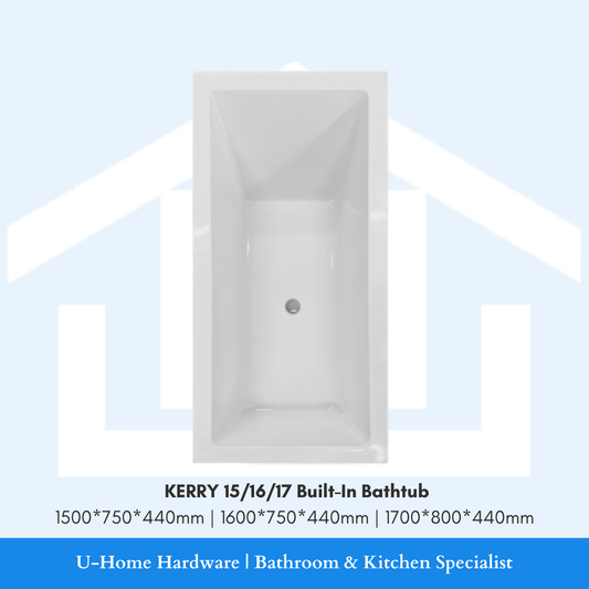 Kerry built-in bathtub with dimensions on a light blue background