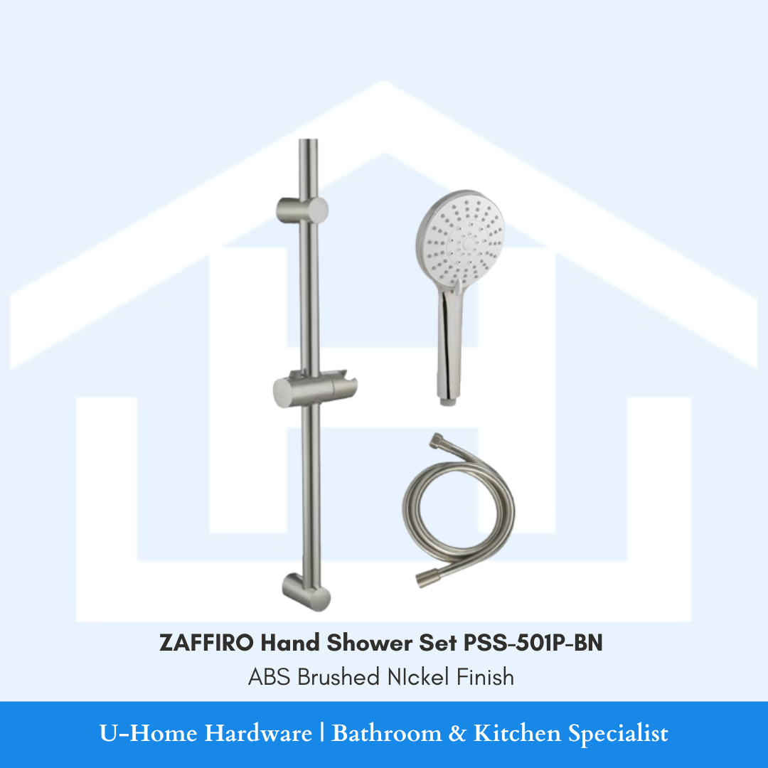 The ZAFFIRO PSS-501P-BN set including the hand shower, matching brushed hose, and wall-mount holder