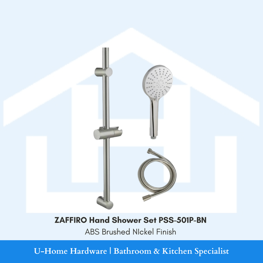 The ZAFFIRO PSS-501P-BN set including the hand shower, matching brushed hose, and wall-mount holder