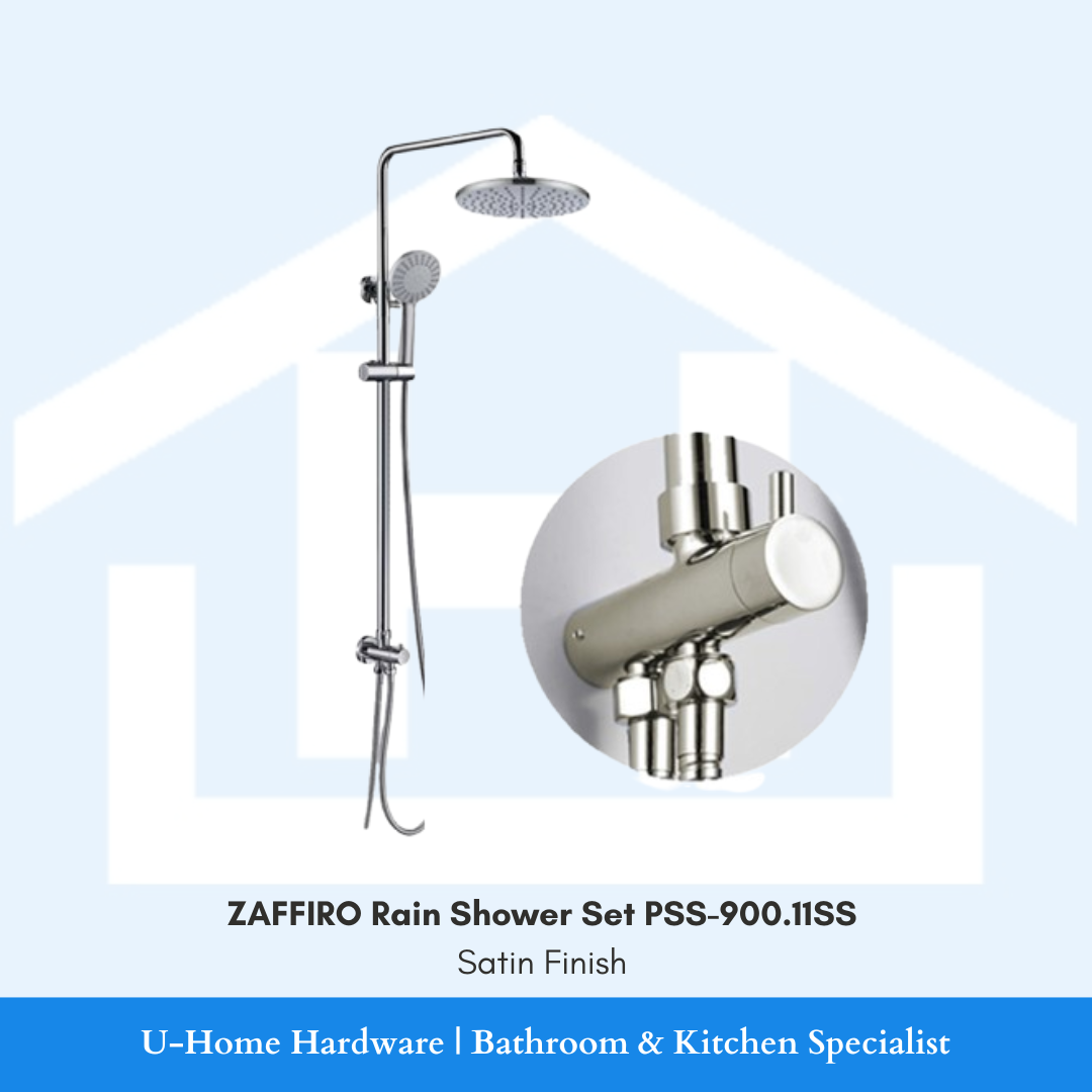 The complete ZAFFIRO PSS-900.11SS Rain Shower System in Brushed Stainless Steel with an ultra-slim overhead head
