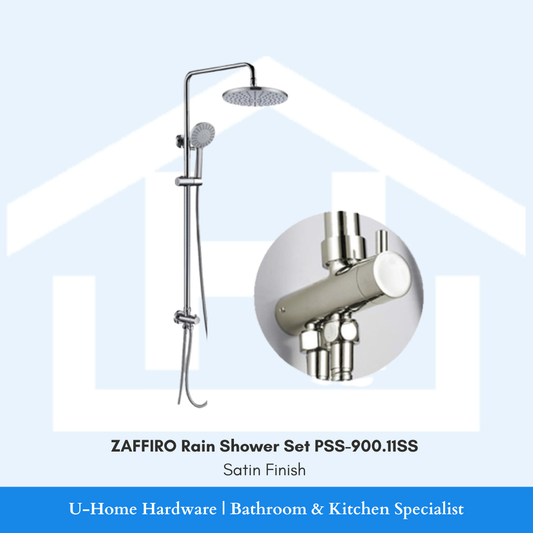 The complete ZAFFIRO PSS-900.11SS Rain Shower System in Brushed Stainless Steel with an ultra-slim overhead head