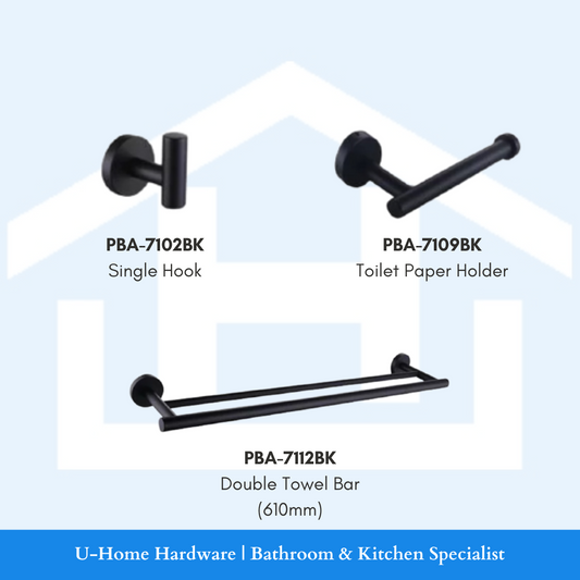 ZAFFIRO Matt Black bathroom accessories set featuring the PBA-7102BK, 7109BK, and 7112BK models in premium 304-grade stainless steel with a sleek architectural finish. matte black single towel bar, matte black toilet paper holder, matte black double robe hook