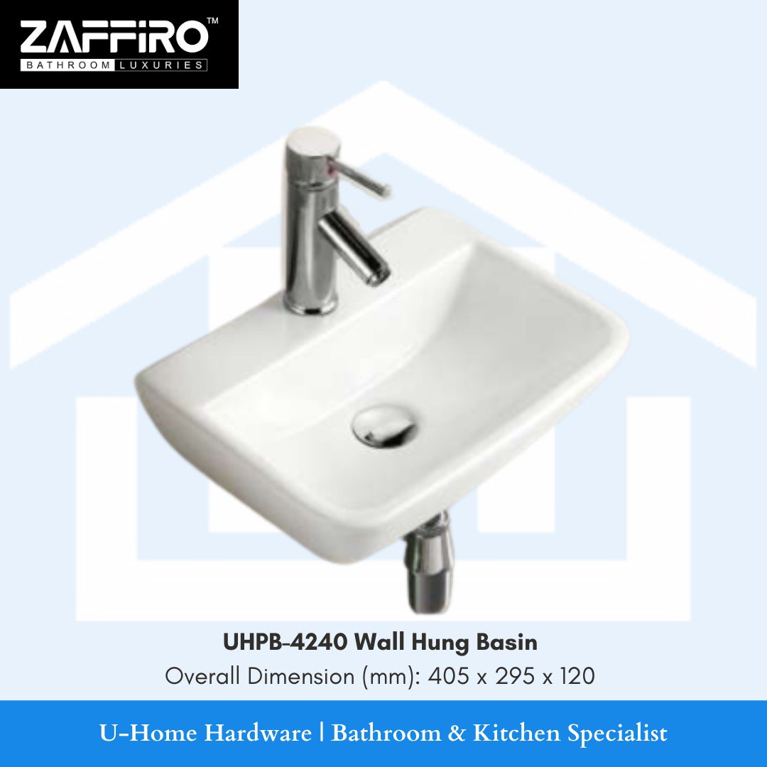 A white ceramic wall hung basin with a silver faucet, from the brand ZAFFIRO.
