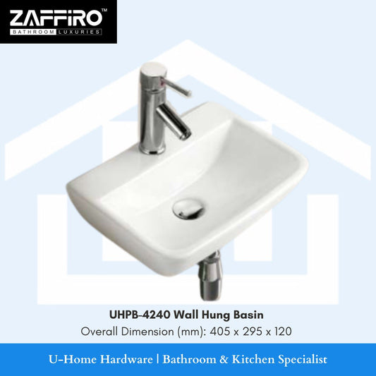 A white ceramic wall hung basin with a silver faucet, from the brand ZAFFIRO.