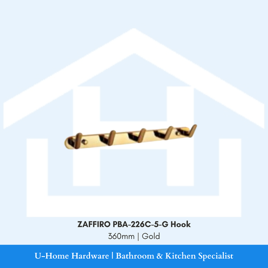 Front profile view of wall-mounted ZAFFIRO PBA-226C-5-G 5-hook rail in premium gold finish, showcasing the 360mm stainless steel backing plate.