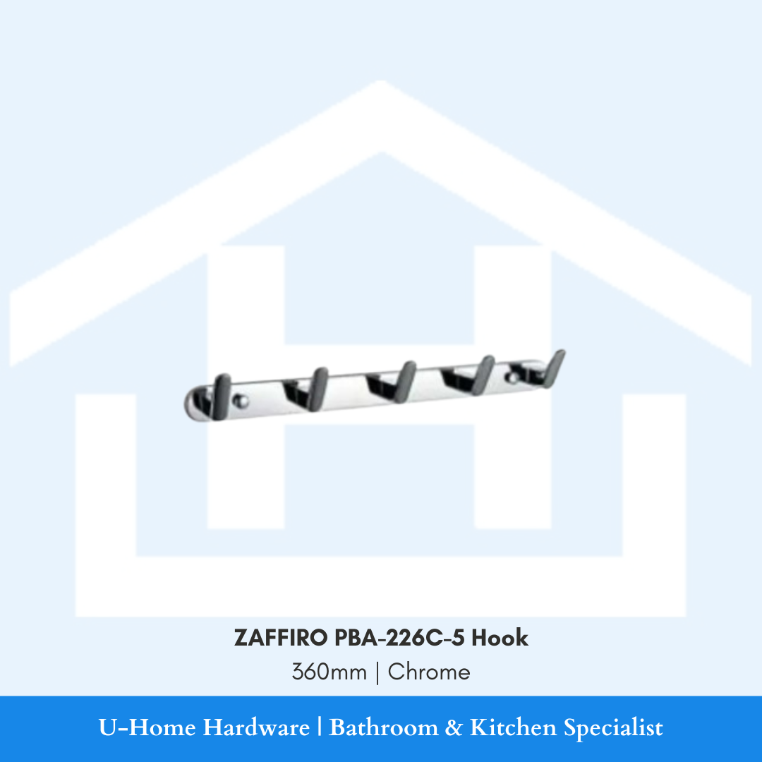 Front profile view of wall-mounted ZAFFIRO PBA-226C-5 5-hook rack showing the 360mm length, curved hanging prongs, and high-shine mirror chrome plating.