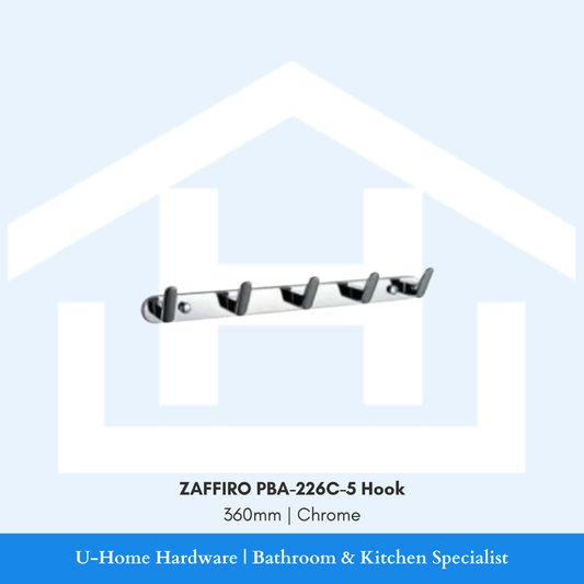 Front profile view of wall-mounted ZAFFIRO PBA-226C-5 5-hook rack showing the 360mm length, curved hanging prongs, and high-shine mirror chrome plating.