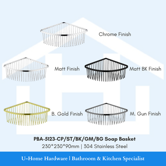 Wall-mounted stainless steel corner soap basket in various finishes including matt silver, chrome, matt black, brushed gold, and gun metal, labeled with dimensions.