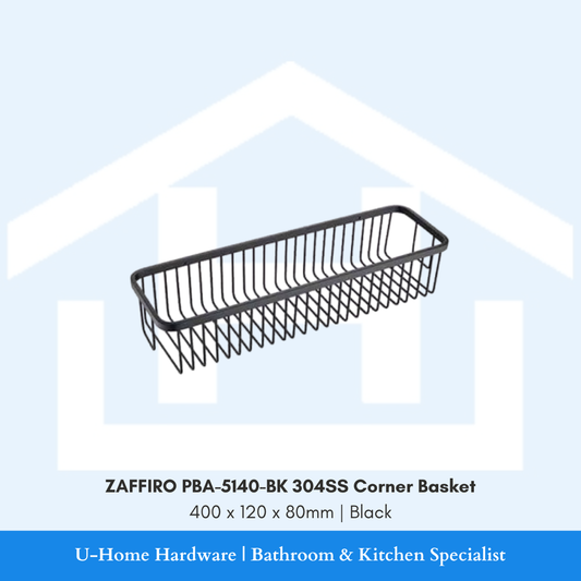 ZAFFIRO PBA-5140-BK 304 stainless steel bathroom corner basket shelf in matte black finish.