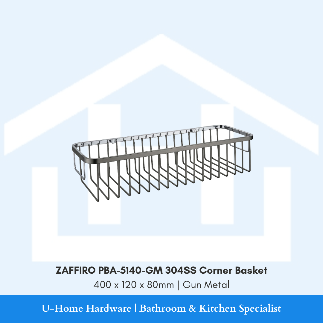 Angled close-up view of wall-mounted ZAFFIRO PBA-5140-GM corner shower caddy showing the thick 304 stainless steel wires, drainage slots, and brushed gunmetal gray coating.