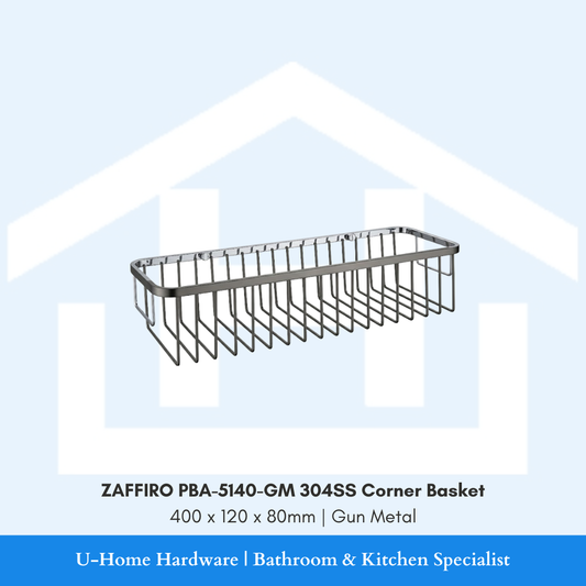 Angled close-up view of wall-mounted ZAFFIRO PBA-5140-GM corner shower caddy showing the thick 304 stainless steel wires, drainage slots, and brushed gunmetal gray coating.