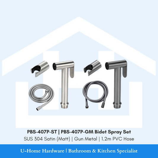 Bidet spray set components with hoses on a light blue background, featuring U-Home Hardware branding.