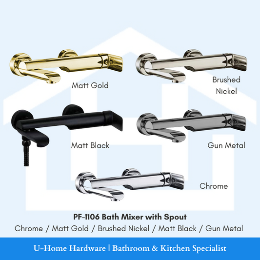 A collection of bath faucet handles and spouts in various finishes including chrome, matt gold, brushed nickel, matt black, and gun metal, labeled with their respective color names.
