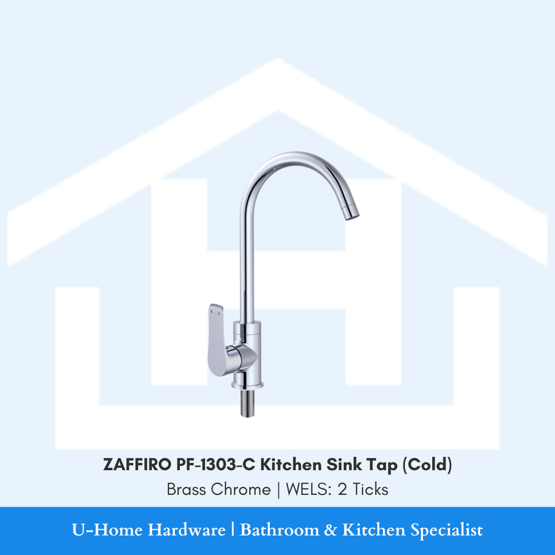 Front view of the ZAFFIRO PF-1303-C Cold Kitchen Sink Tap in Chrome, featuring a sturdy solid brass body and a high-clearance gooseneck spout. PUB approved with 2 ticks wels