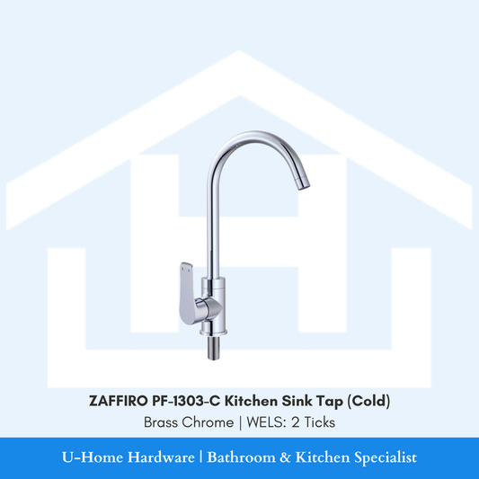 Front view of the ZAFFIRO PF-1303-C Cold Kitchen Sink Tap in Chrome, featuring a sturdy solid brass body and a high-clearance gooseneck spout. PUB approved with 2 ticks wels