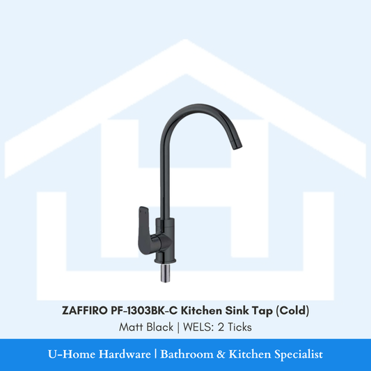 Front view of the ZAFFIRO PF-1303BK-C Cold Kitchen Sink Tap in Matt Black, featuring a high-arc C-spout and solid brass pillar-mounted body.