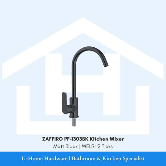 Front profile of the ZAFFIRO PF-1303BK Kitchen Sink Mixer in Matt Black, featuring a high-arc C-spout and dual-temperature single-lever control