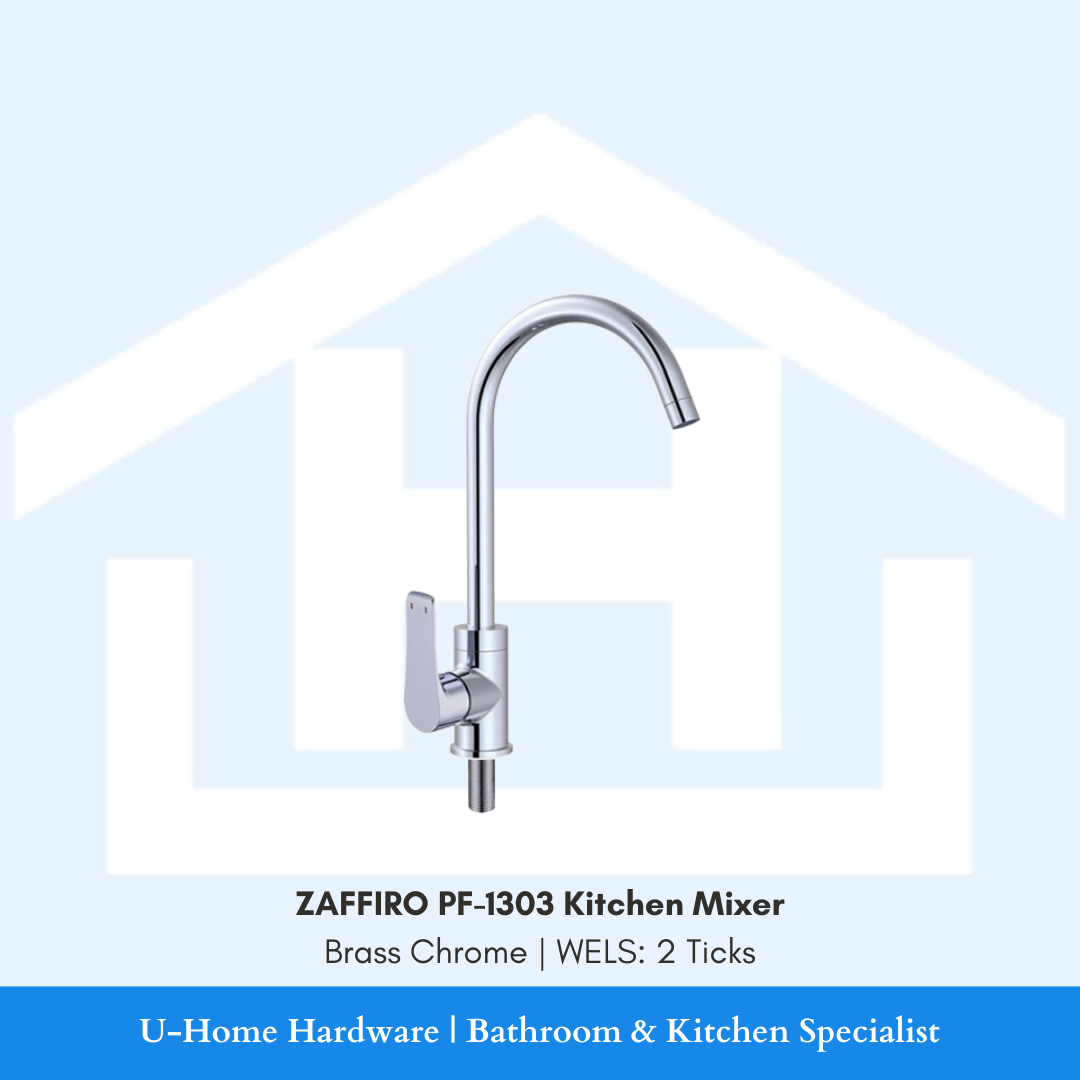 Front profile of the ZAFFIRO PF-1303 Kitchen Sink Mixer in Chrome, showing the high-arc C-spout design and solid brass body for hot and cold water
