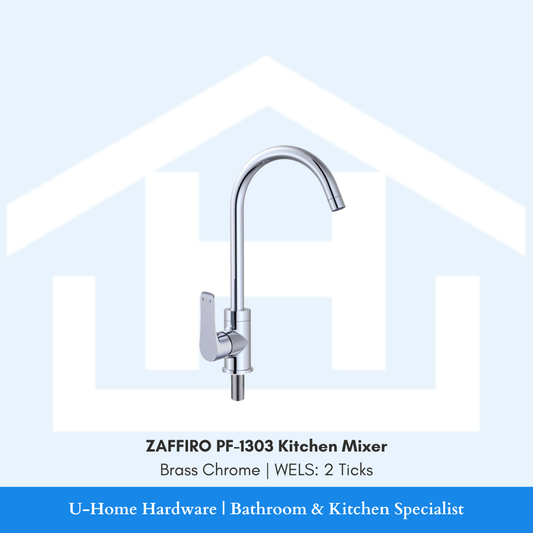 Front profile of the ZAFFIRO PF-1303 Kitchen Sink Mixer in Chrome, showing the high-arc C-spout design and solid brass body for hot and cold water