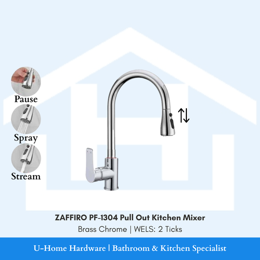 Front profile of the ZAFFIRO PF-1304 Brass Chrome pull-out mixer, showing the retractable spray head and the high-shine reflective mirror finish.