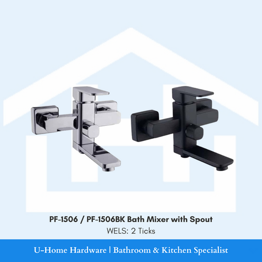 Two bath mixers with spouts, one in brass chrome and one in matt black finish, displayed against a white background. ZAFFIRO PF-1506 / PF-1506 Bath Mixer with Spout