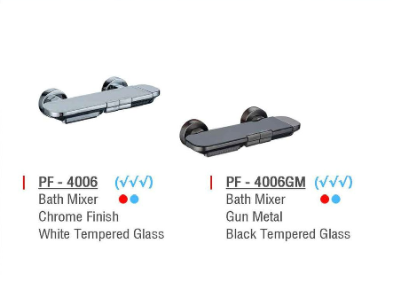 ZAFFIRO PF-4006 / PF-4006GM Bath Mixer | Tempered Glass Shelf with the model numbers and PUB approved ticks for wels. Description for the white and black tempered glass bath mixers.