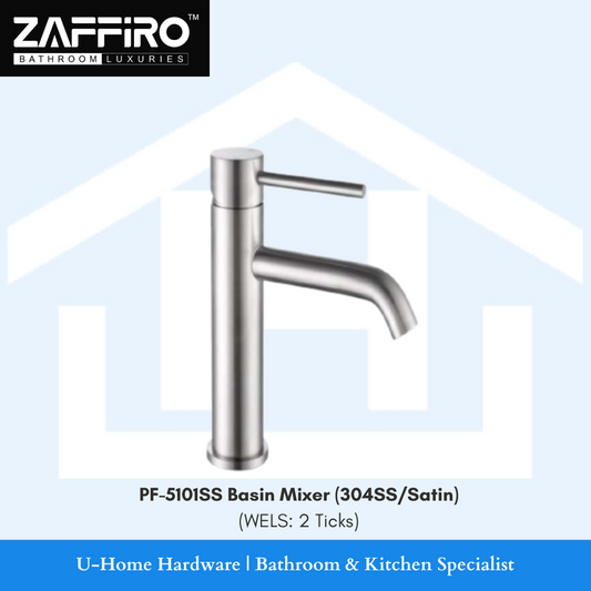 A stainless steel basin mixer tap with a high arch and a single lever, labeled with the brand ZAFFIRO and the model number PF-5101SS Basin Mixer Tap.