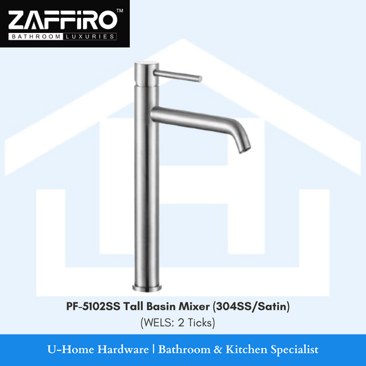 A tall basin mixer tap with a stainless steel finish by ZAFFIRO.