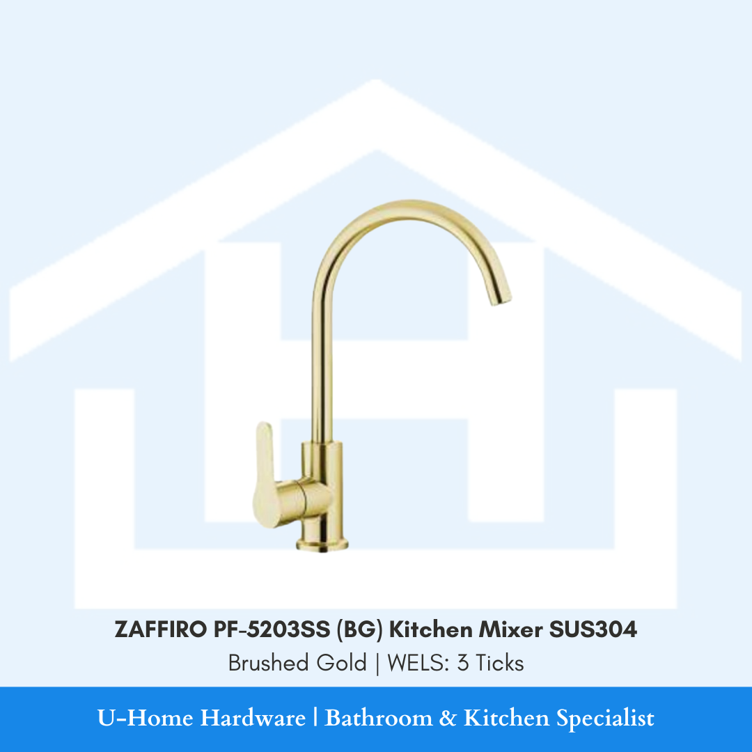 Front profile of the ZAFFIRO PF-5203SS (BG) Brushed Gold kitchen mixer, featuring a high-arc C-spout and durable 304-grade stainless steel construction