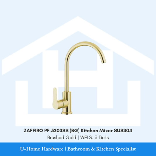 Front profile of the ZAFFIRO PF-5203SS (BG) Brushed Gold kitchen mixer, featuring a high-arc C-spout and durable 304-grade stainless steel construction