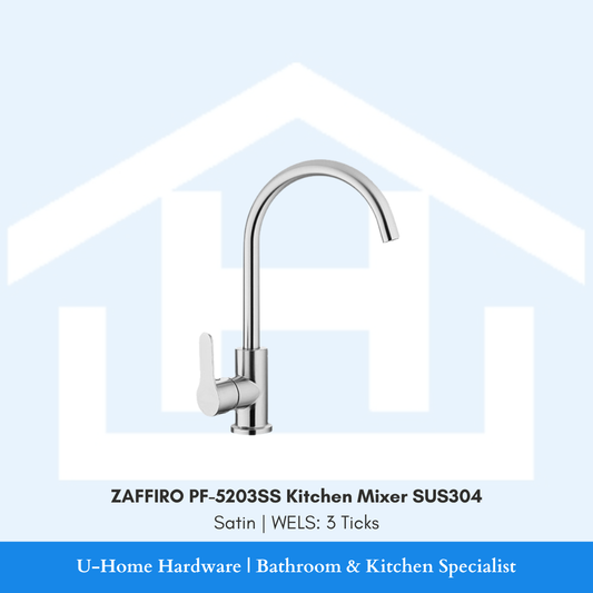 Alt Text: "Front profile of the ZAFFIRO PF-5203SS SUS304 Stainless Steel kitchen mixer in a brushed Satin finish, featuring a high-arc spout and single lever
